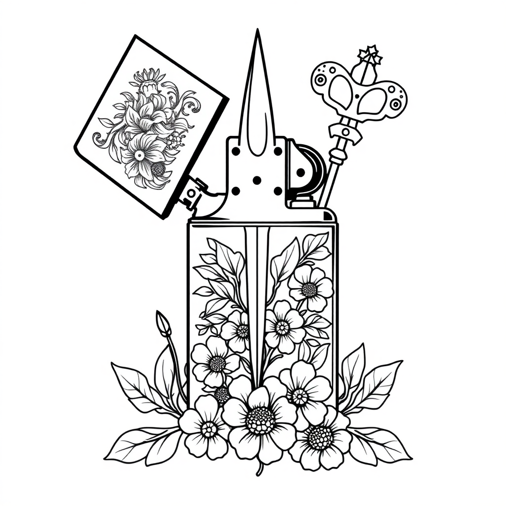 a black on white, floral, line design for a lighter containing a scalpel, and an asclepius staff