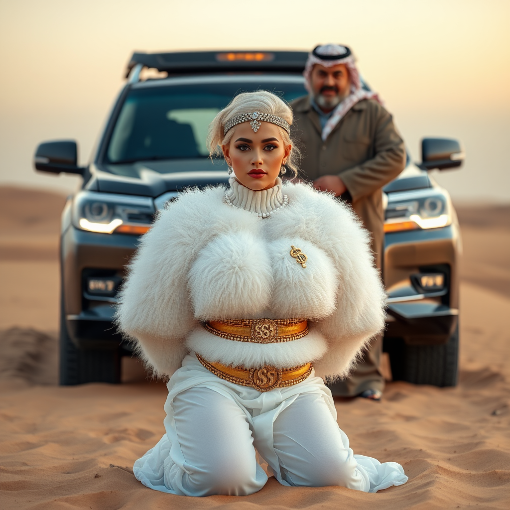 Kuwait desert dunes misty dawn, full size luxury SUV: Melissa, European 17 years old very convincing femboy “trophy-bimbo”, tamed servile docile, very beautiful feminine flawless face, rather short, by hormones very curvaceous womanly figured, platinum blond short tight curls, bold red lips, heavily made-up face, wearing Supertanya-style fluffy very fuzzy bright white angora turtleneck-poncho cropped ending under bust decorated with pearls and gemstones, striking oriental wide gold bridal protection belt, white fully transparent harem pants, full Oriental bridal jewelry including headpiece, nose-ring, coin anklets, striking diamond “$$$” letter brooch on left chest, pout frustrated, hands tied behind back, kneeling in sand in front of SUV, looking at camera. Focus on face and turtleneck-poncho. Standing behind Melissa: older overweight tall proud sheik, approvingly padding Melissa.