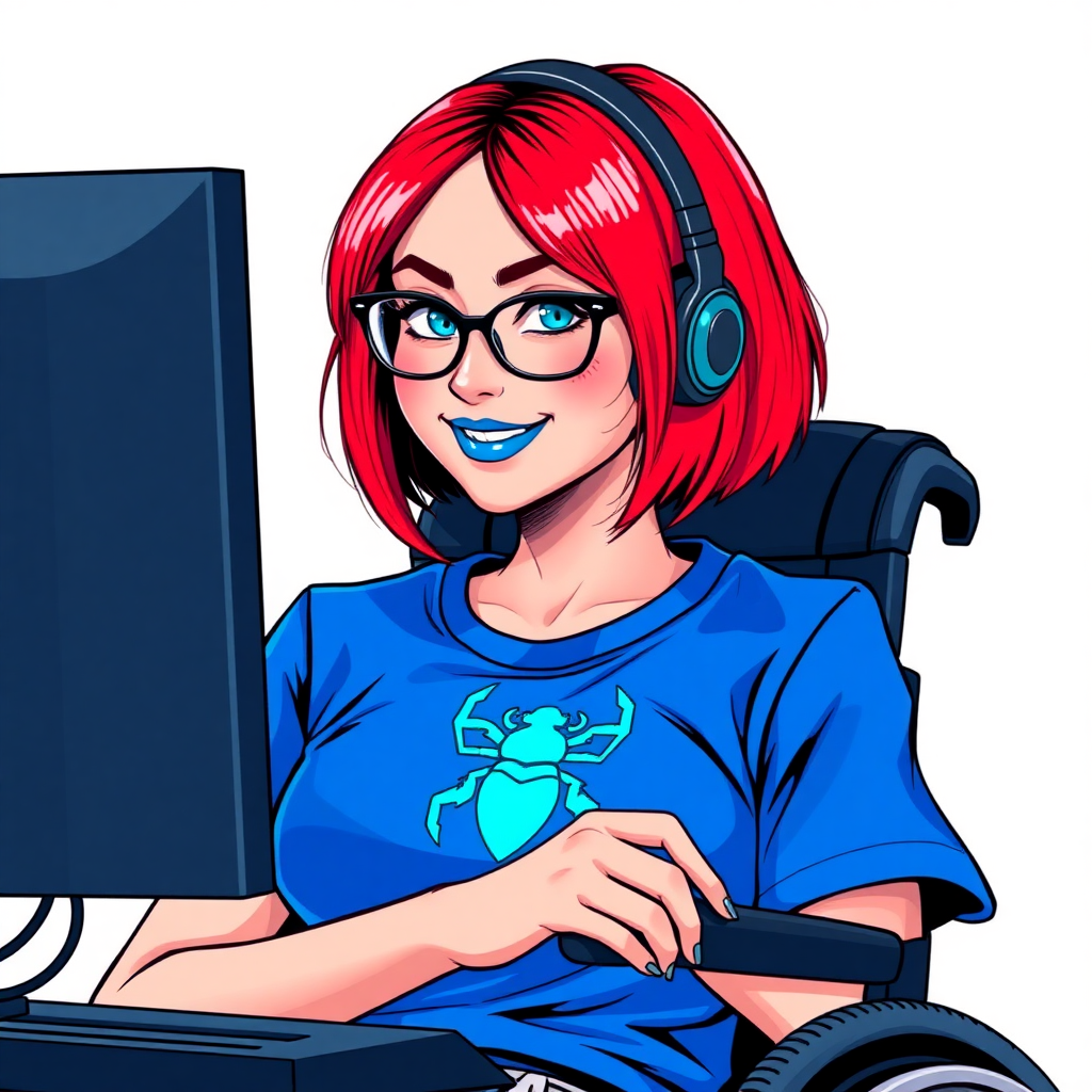 A nerdy, 28-year-old computer hacker in a wheelchair, with a unique, fiery crimson bob cut, maximum blue lipstick, and piercing blue eyes. She wears a maximum blue t-shirt adorned with a maximum turquoise chest icon of a beetle. Her accessories include a sapphire headset, sleek black eyeglasses, a lovestruck smile, and neon red blush. She serves as her vigilante boyfriend’s tech expert from his secret hideout, diligently working at her computer. The background is a solid white. She is drawn as if she was in a retro 2D cyberpunk fighting game. Ensure her hair color is distinct from DC’s superheroine Oracle and any other character.