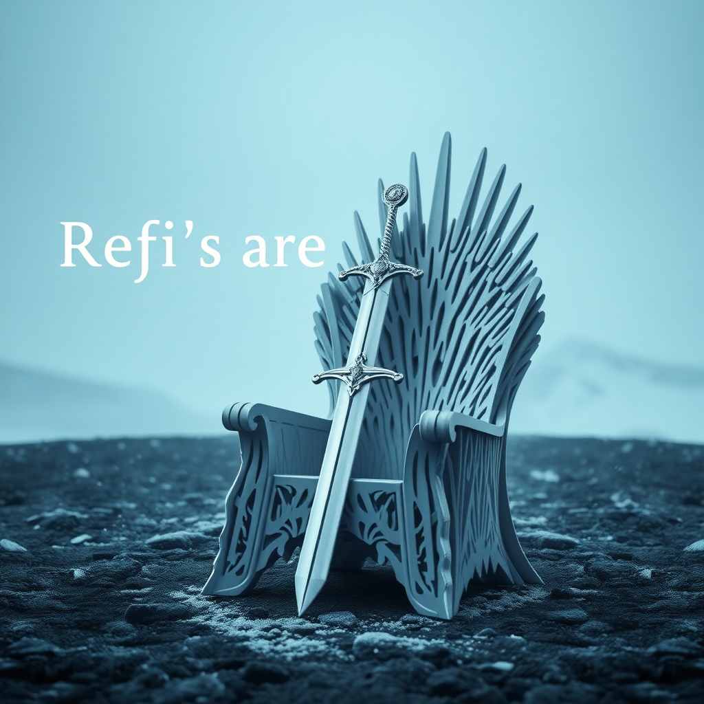 An epic movie scene depicting the game of thrones sword chair made out of white paper. The text in the background says “Refi’s are coming.” It should be similar in style to “winter is coming” vibes as shown in the movie. Epic blizzard storm. Photorealistic.