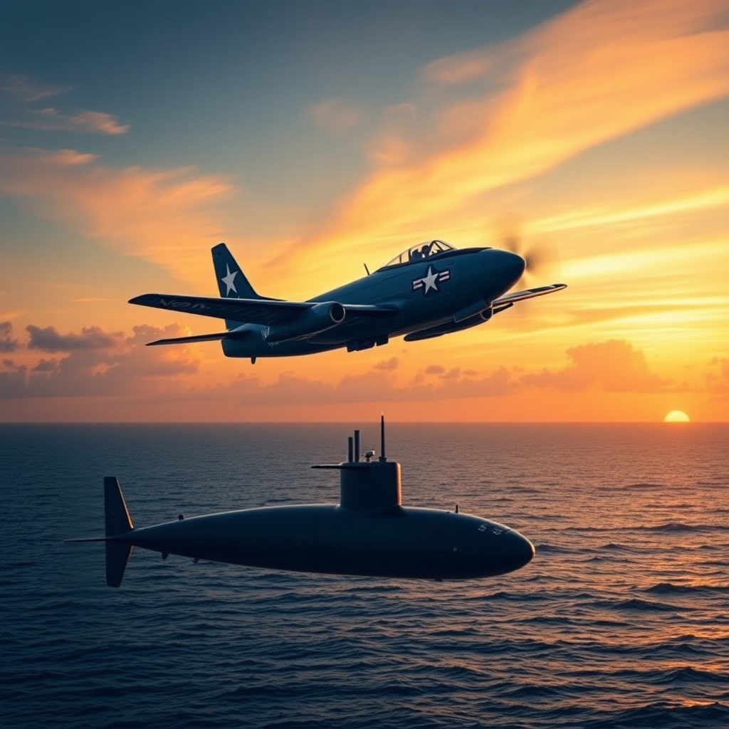 a sunset at an ocean with a navy p3 orion flying over a submarine dropping a sonobuoy