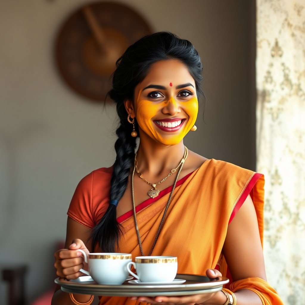 slim, 30 year old, sexy, traditional indian wife, hair braid, turmeric face mask. She is smiling and serving coffee on a tray to guests.