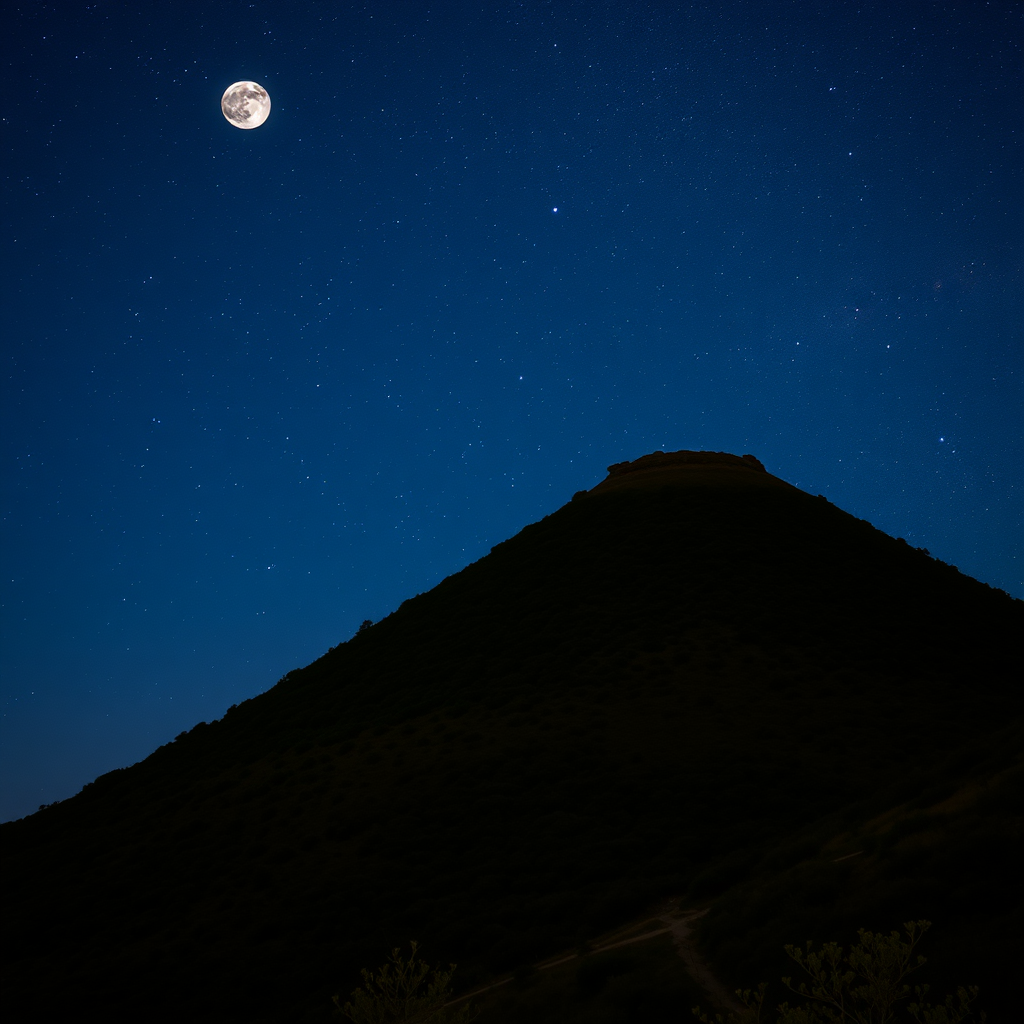 Hilly area of Marmilla, conical hill with vegetation, with the Moon and dark sky full of stars, and the Milky Way.