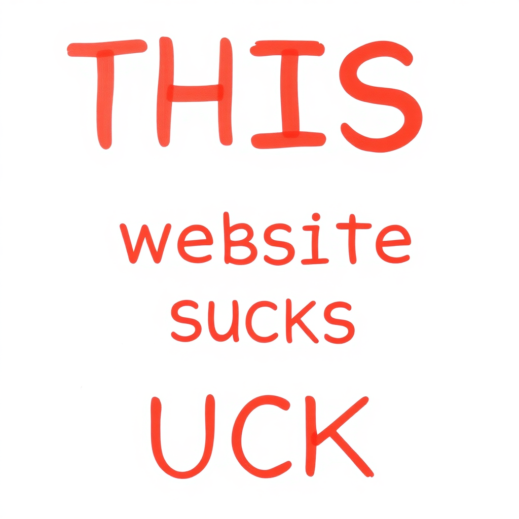 a simple monotype red text against a white background reading "THIS WEBSITE SUCKS"