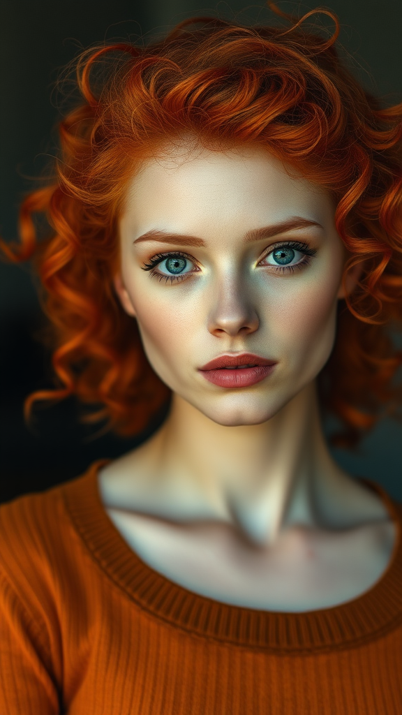 Beautiful model with curly poppy red hair, oval face, and small gray eyes.