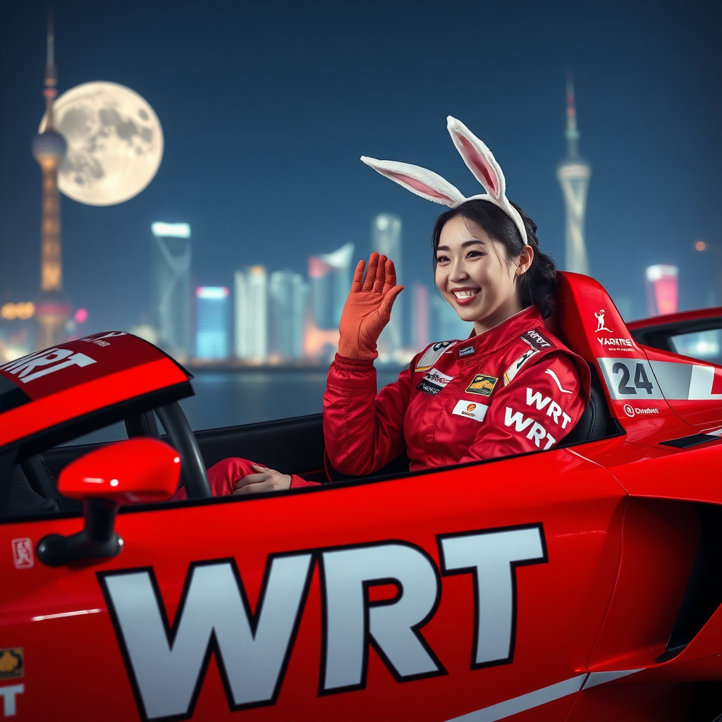 A red race car with only "WRT" written on it, a beautiful Chinese female racer wearing bunny ears, sitting in the car, laughing and waving her racing gloves. The red racing suit also has only "WRT" written on it, with the background showing the night view of Shanghai and a huge moon.