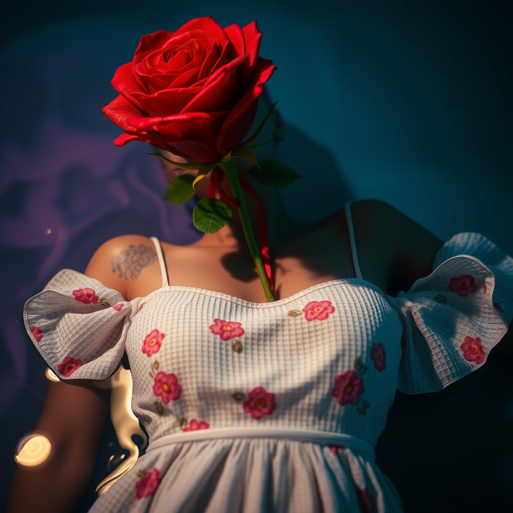 A red rose bouquet head, no human, front view, wearing a white textured dress with pastel minimal floral print design, closeup shot, hyperrealistic, lying inside water with blue and pink effect, nighttime, dark