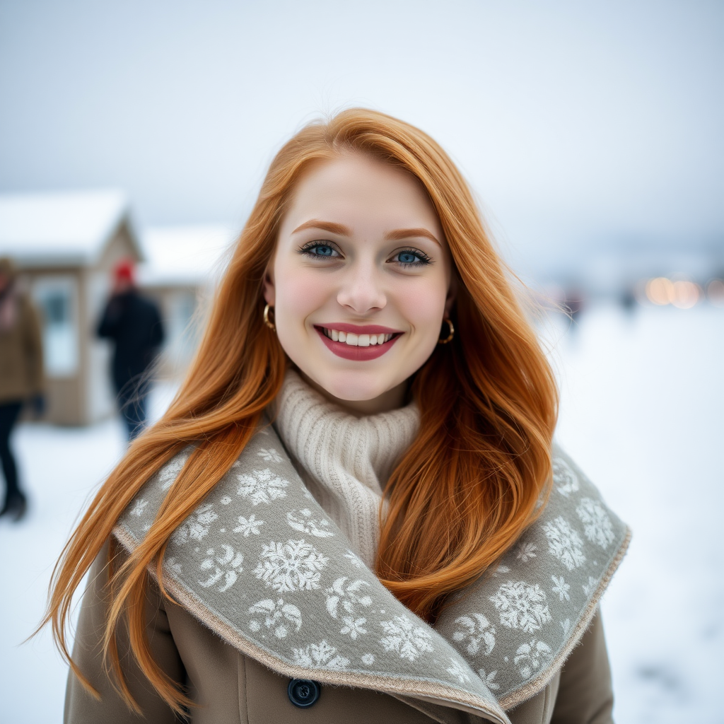 beautiful young elegant woman with ginger long hair, full lips, pale skin, on Alaska Anchorage happy in the snow