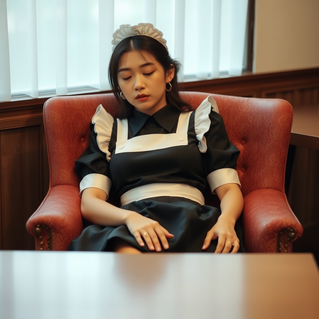 photo beautiful young woman Marina Hasegawa wearing maid outfit dozes in chair. table is in the foreground