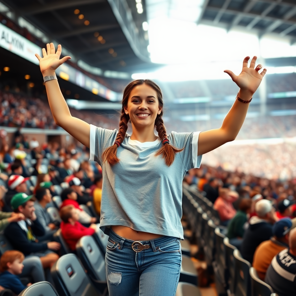 Attractive female NFL fan, pigtail hair, inside crowded bleachers row, jumping, arms raised, NFL stadium