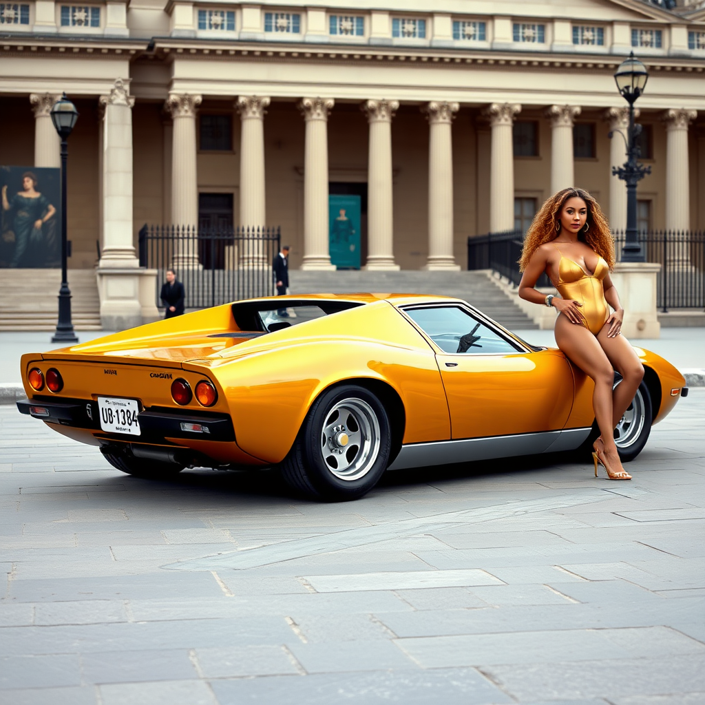 Lamborghini Miura in golden colour, parked in front of the British museum, with Beyonce in a one piece thong golden swimsuit leaning on it on the right side