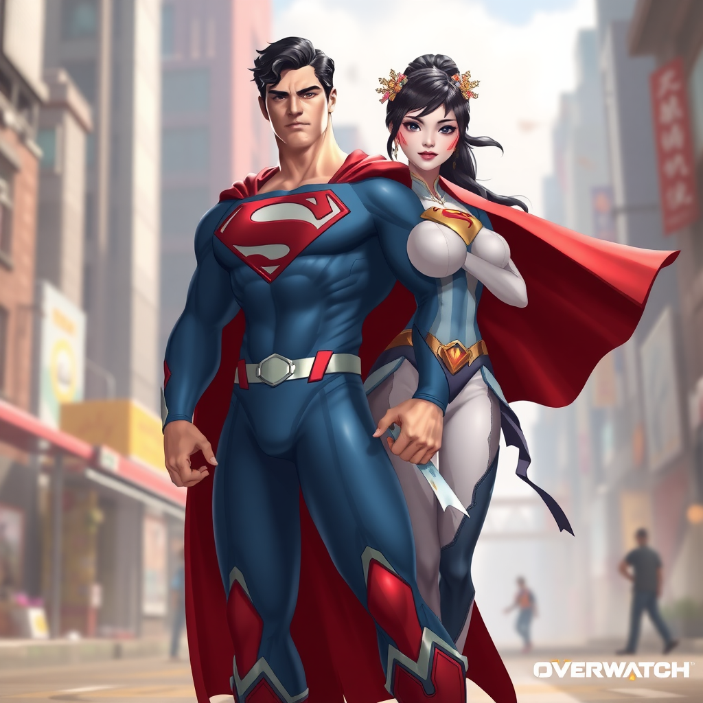 Create a full-length image of a character combining features of Superman and Mei-Ling from Overwatch. The character should have Superman's heroic pose and features, but with the body traits of Mei-Ling, focusing on a curvier torso shape. Retain Superman's core costume while incorporating embellishments and elements inspired by Mei-Ling, such as color accents or cultural motifs. The background should blend elements suitable for both characters, showcasing a vibrant cityscape with hints of Overwatch's stylized design. Aim for a dynamic and engaging composition that highlights both character influences.