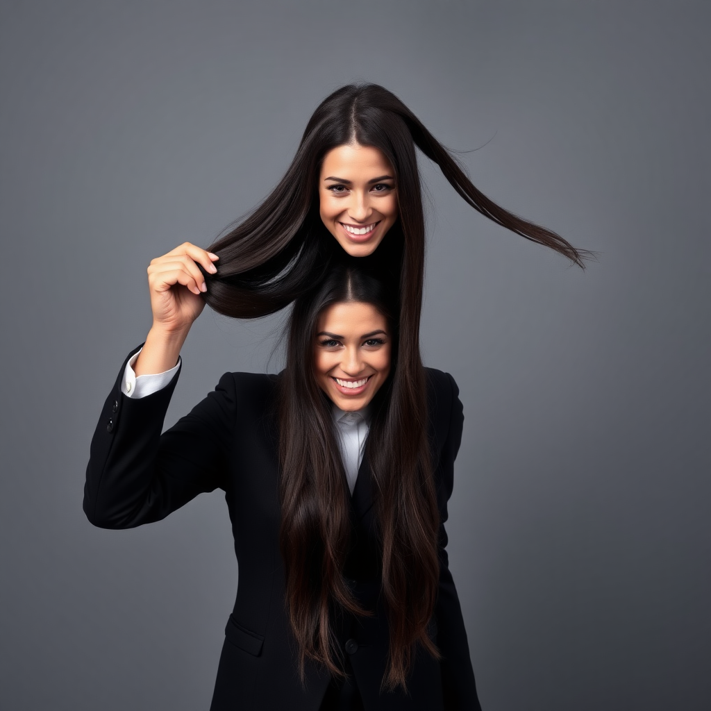 A surreal image of a smiling male magician holding up the disembodied head of a very long haired Meghan Markle. He is grabbing her very long hair and pulling it up high in the air, while her head is hanging by her hair from his grasp to display it to the camera. Plain gray background.