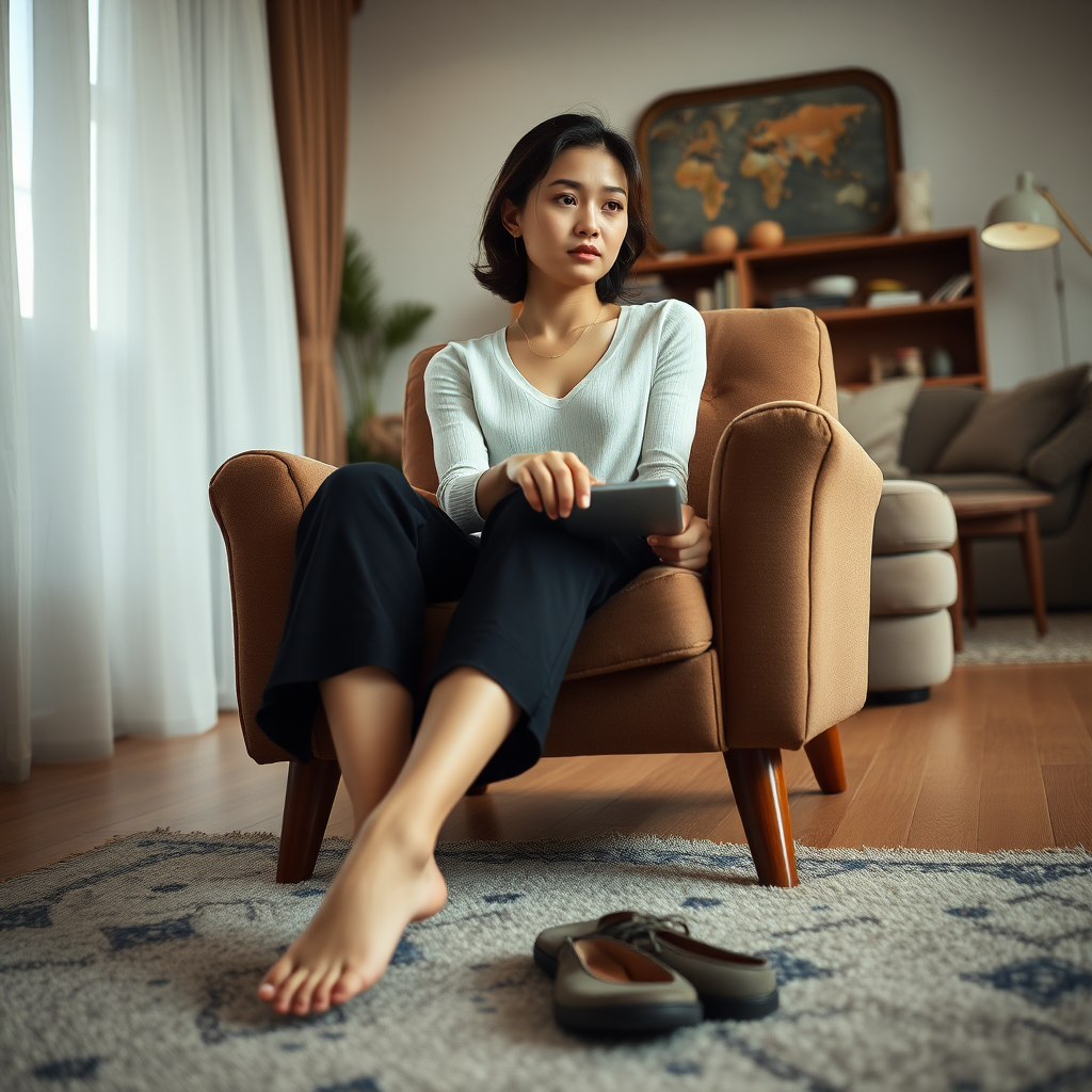 photo low angle full body shot beautiful xiaomeimei looking ahead. She is sitting on a chair in a living room. she looks tired. she is pressing a button on a remote control. there rug on the floor in front of the chair. she is barefoot. her shoes lie on the rug