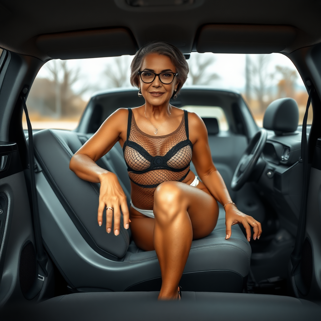 a towering 55 Years old, fit, slim, European, Latina, sharp aquiline nose, wrinkles, high cheekbones, Middle Eastern, Skinny, Tanned skin, Dark light skin, Rounded Medium breasts, Skinny thighs, full Makeup, jewelry, Serious face, Sharp nose, Ash hair, short bowl haircut, Brown eye color, Glasses, with detailed features. she is wearing brown mesh transparent tant top, black balconette bras and white thong, detailed fabric. full body, high heels sandals, inviting the viewer in the front passenger seat of her VW white Polo V, long establishing shot,