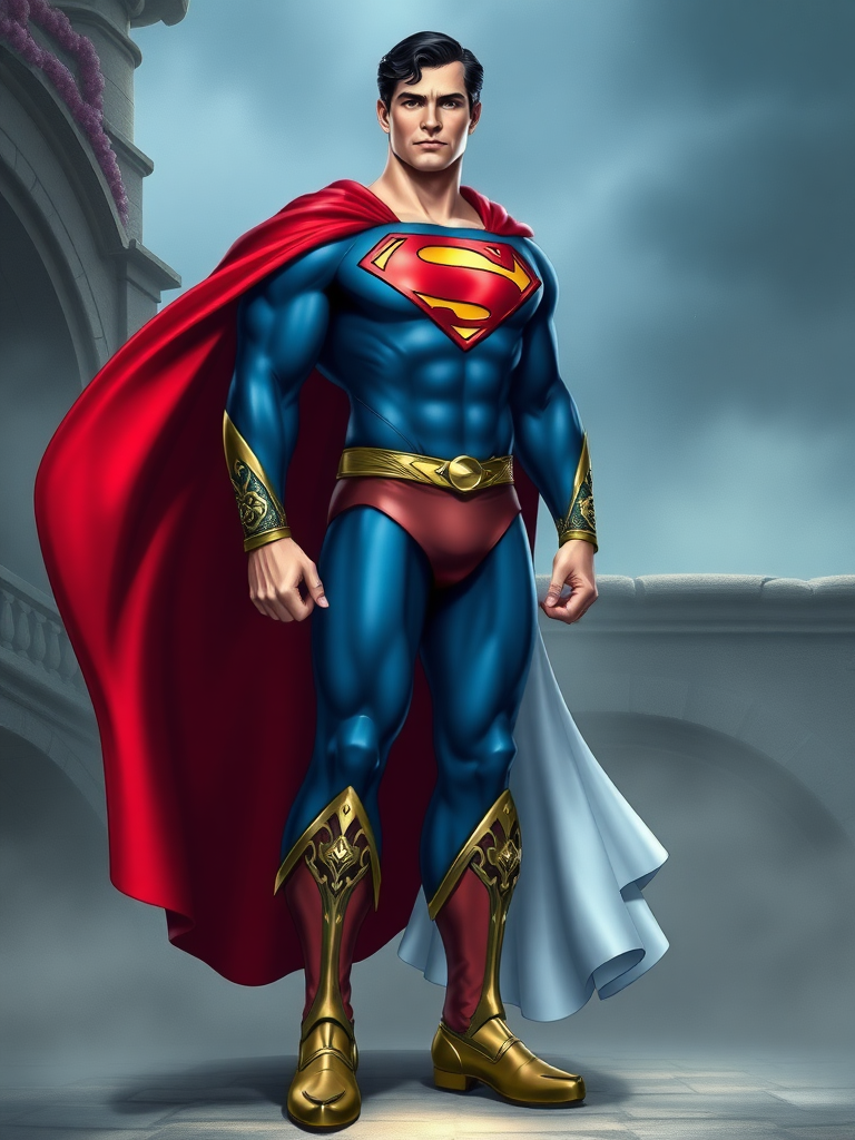 Generate a full-length image of Superman incorporating the body traits of Princess Aurora. Retain his core costume but incorporate embellishments and elements from Aurora's attire. The background should be a setting appropriate for both characters.