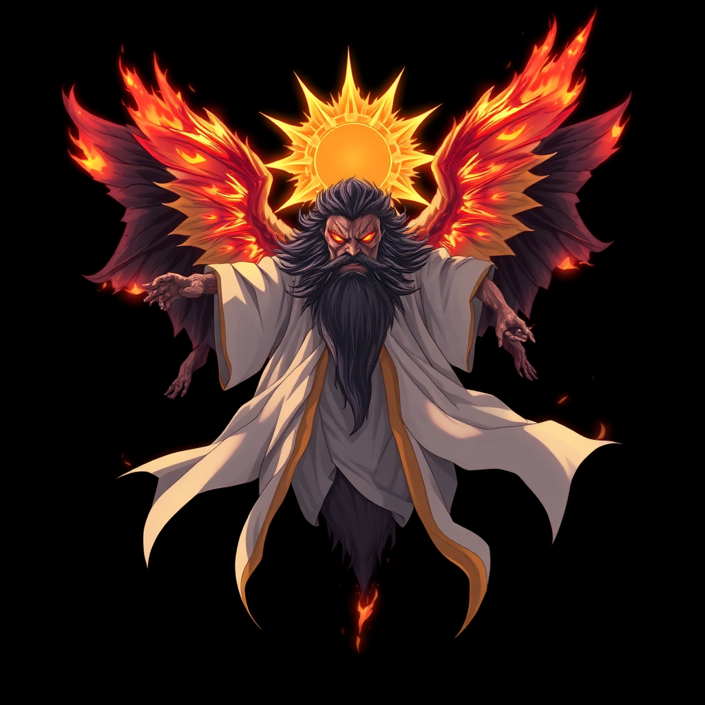 (Anime styled art) Black background of a An ominous, divine yet malevolent being hovers mid-air, radiating an overwhelming presence. His four wings on his back blaze with fierce burning flames, while a fractured halo—resembling the sun—floats above his head. Clad in flowing robes of white, gold, and black that shimmer like solar flares, his long, ancient beard adds to his fearsome visage. His wrathful, ember-like eyes burn with fiery intensity.