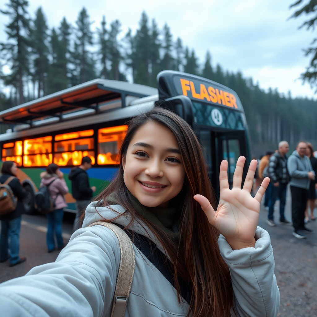 selfie of a girl at a crowded bus stop near a lake in the forest, approving burning bus labelled "FLASH" background