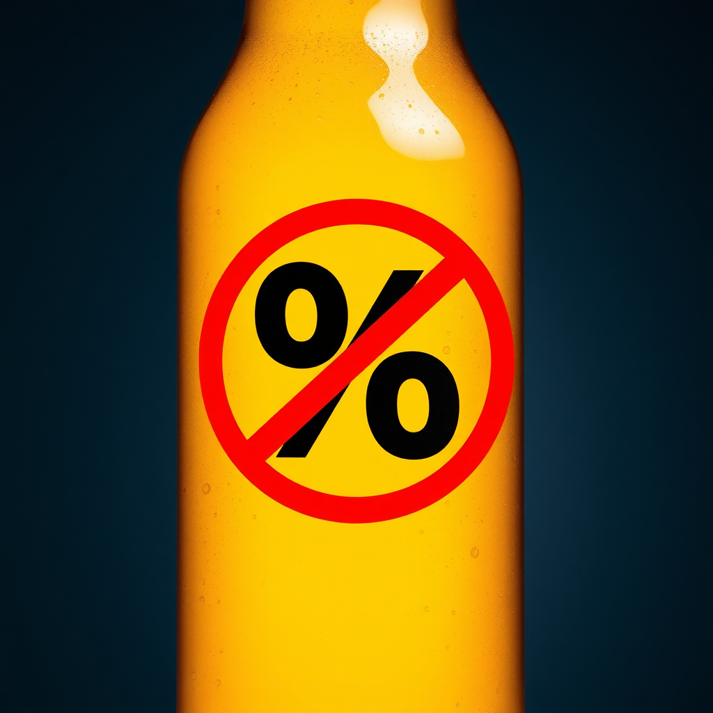 A photo of a beer bottle with a percent symbol crossed in a circle