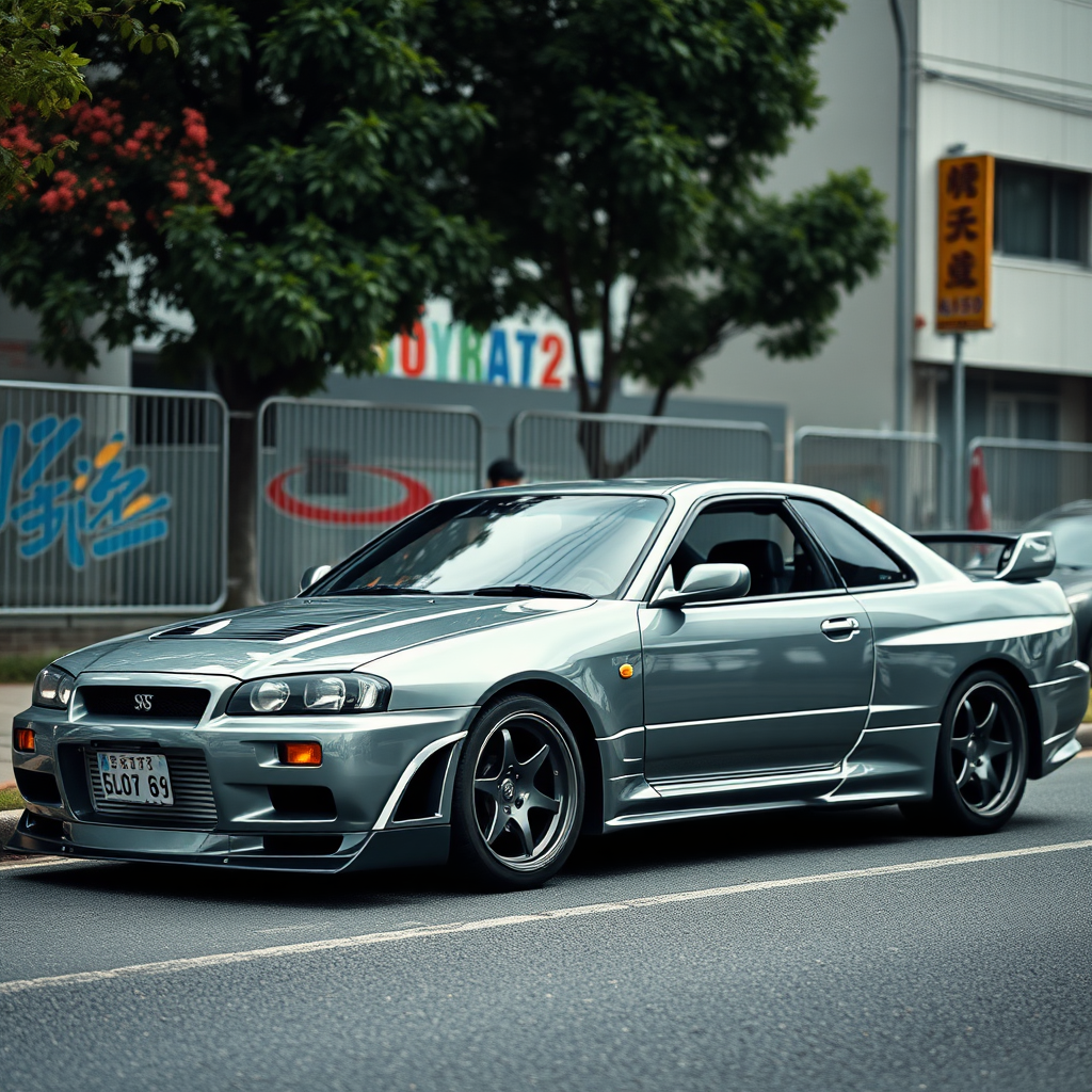 The car is parked on the side of the road, inspired by Taiyō Matsumoto, tumblr, restomod, nd4, c4 metallic shine gray black nissan skyline r34 tokyo arkaplan hatasız tam eksiksiz ayrıntılı genel gerçek detaylar en iyi fotoğraf poz sinematik hafif yağış su damlalar yansıma ıslak yol need for speed tarzı body kit