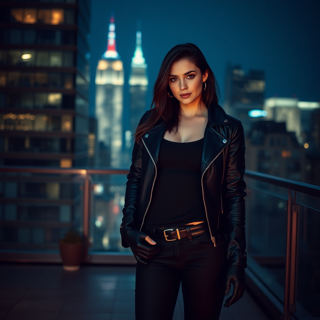 A beautiful and hot thief girl in black leather jacket over black t-shirt with black tight jeans and gloves standing in a Manhattan penthouse at night.