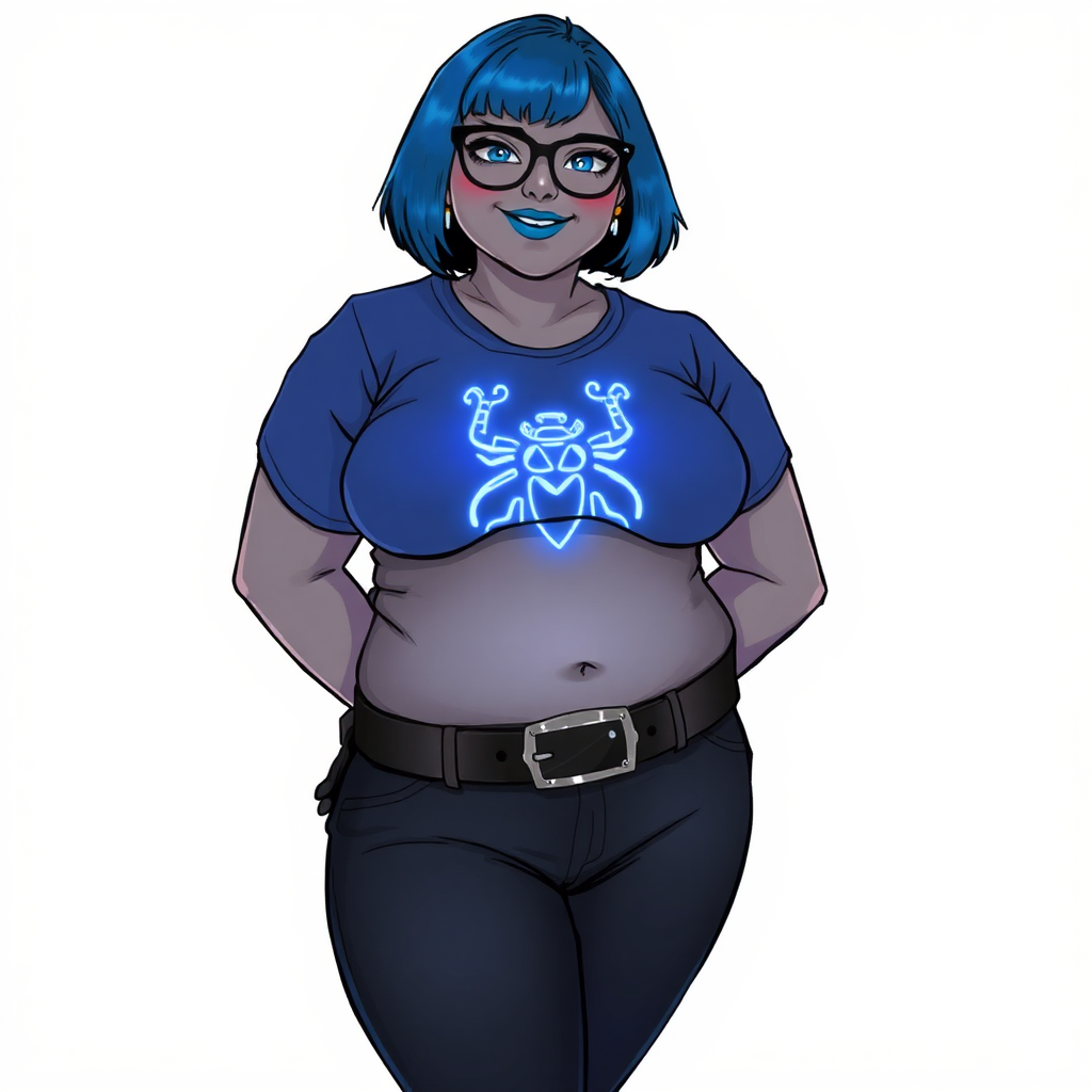 A 28-year-old, full-figured, metallic middle gray skinned computer program hybrid with a maximum blue bob cut. She has a non-athletic build, highlighted by a prominent, round, large midsection (with a full emphasis on her belly). As a digital sidekick, computer hacker, and nerdy girlfriend to her cyberpunk vigilante boyfriend, her middle gray metallic skin and maximum blue lipstick emphasize her digital nature. She wears a costume consist of a tight-fitting, maximum blue t-shirt (accentuating her large belly) with a neon blue glowing chest icon of a beetle, black pants, a black belt with a sapphire scarab buckle, and black gloves. Her bright blue eyes, black eyeglasses, and lovestruck smile with neon red blush accentuate her nerdiness. She stands bashfully with her hands behind her back, her costume covering all her skin and emphasizing her full-figured, non-athletic physique. She is on a solid white background. She is drawn as if she was in a retro 2D cyberpunk fighting game. She is clearly non-athletic, with emphasis on her full-figured and pudgy physique. Ensure her t-shirt covers her midsection (especially her large belly).