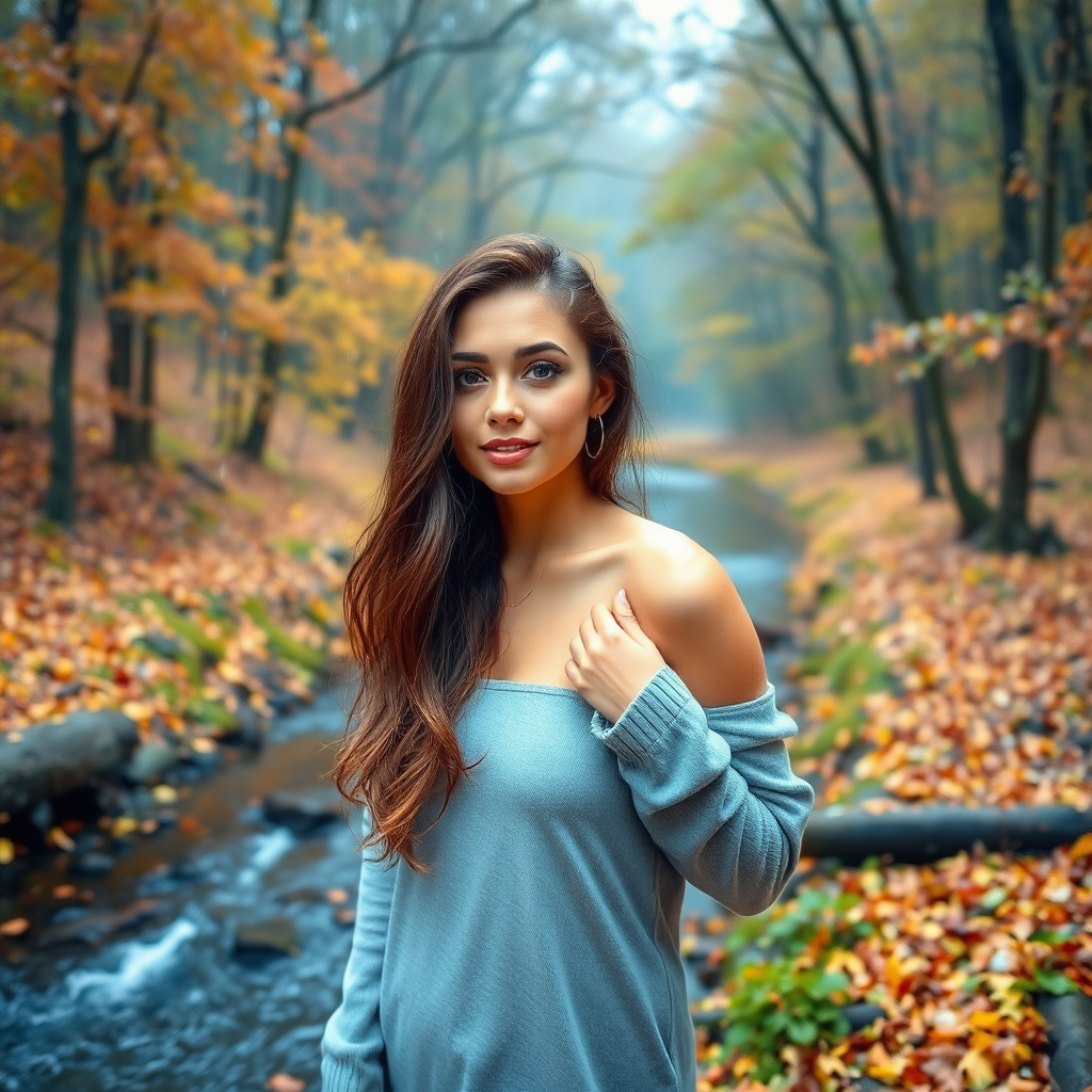 Autumn with foliage in the woods with a river, with a beautiful model posing, with rain.