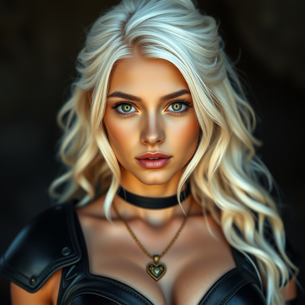 Portrait of a beautiful young woman with long wavy platinum blonde hair, green eyes, a suntan, light brown eyebrows, and large breasts. She is wearing black leather armor and a gold necklace with a small heart pendant.