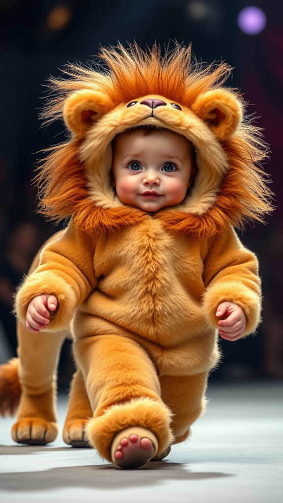 A cute small chubby fair baby with big eyes, pink lips, and pink cheeks wearing a furry cozy lion costume is doing a ramp walk in a fashion show, walking with a real lion while holding the lion with one hand in a cinematic way.