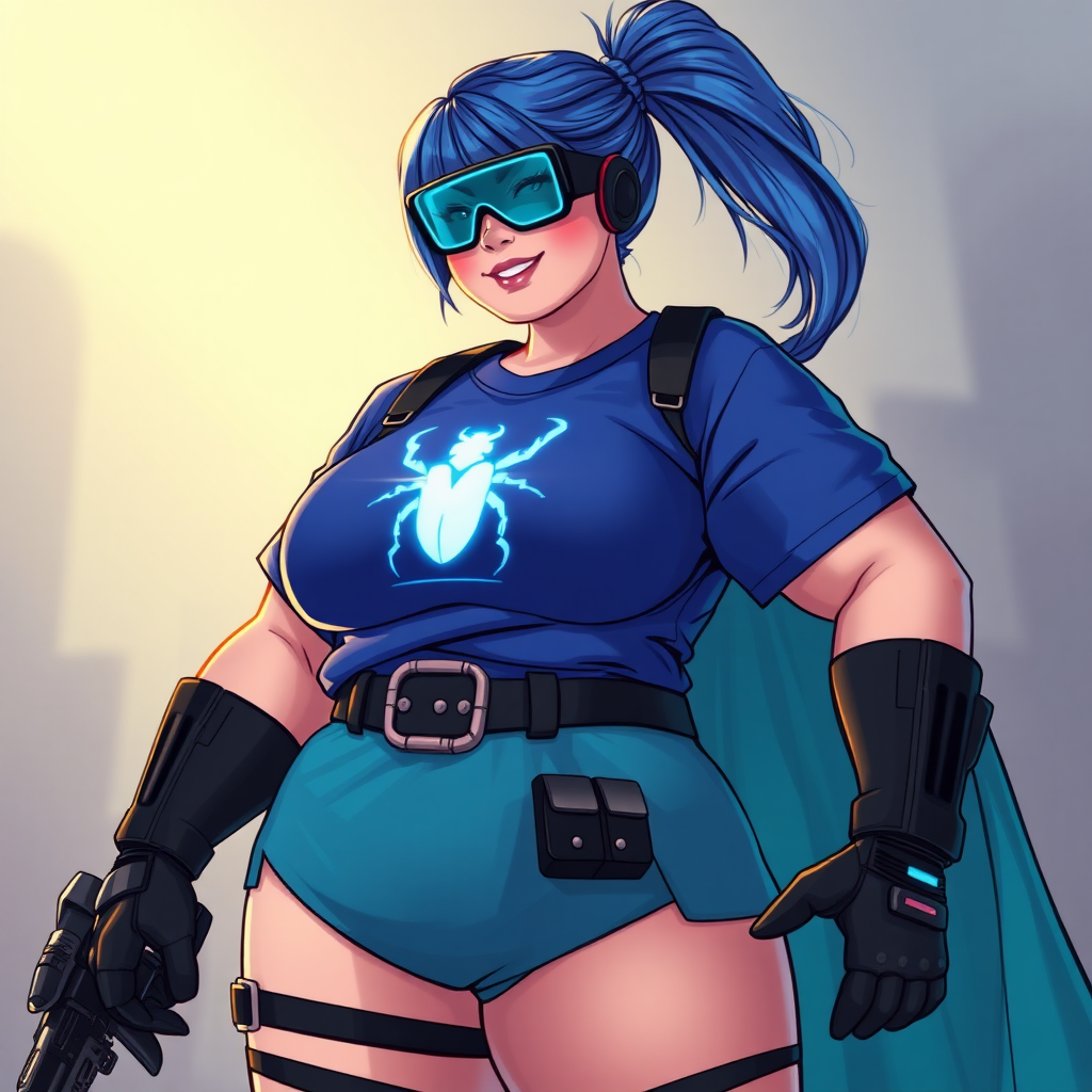 A 28-year-old, full-figured tech genius vigilante, she is the devoted girlfriend and nerdy sidekick of a cyberpunk vigilante. Her maximum blue ponytail and glowing sapphire eyes are striking features. Her prominent, round, large midsection, gigantic limbs, and broad shoulders define her full figure. As the loyal and supportive sidekick, she plays a crucial role in their missions, using her digital and technological prowess to assist and protect.

She wears an oversized maximum blue t-shirt with a glowing neon blue beetle chest icon, maximum turquoise skirt and cape, a black belt with a sapphire scarab beetle, and black high-tech shock gloves. Her neon red blush and lovestruck smile are ever-present. Her full figure shows how pampered she is by her doting boyfriend. Her nerdiness is unmistakable, accentuated by her black oversized eyeglasses with maximum turquoise lensed HUD that functions as her eye mask. She serves as her boyfriend’s indispensable crime-fighting partner. She is drawn as if she was in a retro 2D cyberpunk fighting game.