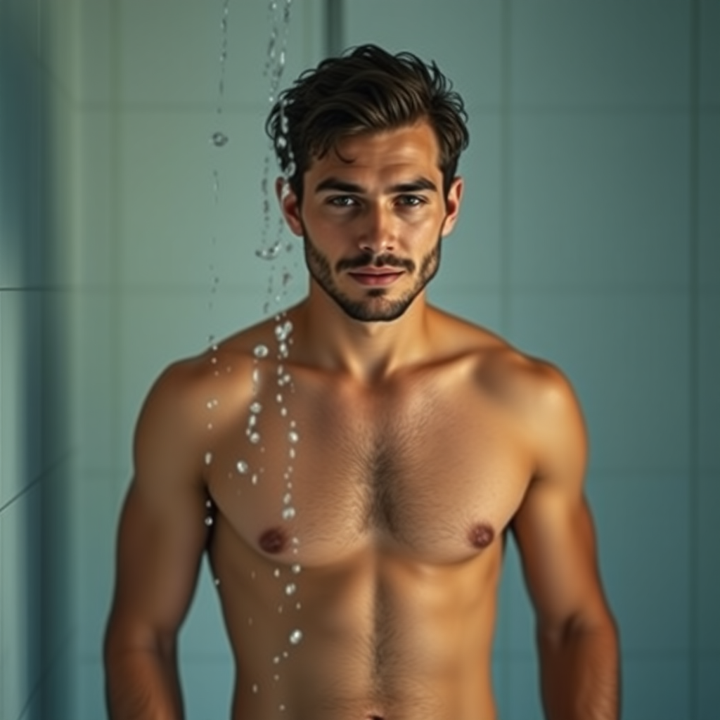 Nude man in shower. Full body portrait