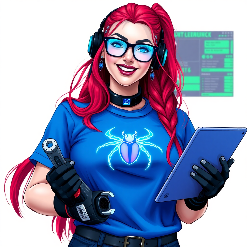 An intelligent and tech-savvy 29-year-old computer hacker and tech genius. She has a long ruby red ponytail. She wears maximum blue lipstick, blue eyes, a sapphire beetle gemstone necklace, sapphire earrings, black eyeglasses, hi-tech power gloves, and an oversized maximum blue t-shirt featuring a neon blue glowing beetle chest icon. She has a gargantuan full-figured physique with a prominent round gargantuan midsection, reflecting her well-cared-for lifestyle. She sports a sapphire headset with a hi-tech maximum turquoise lensed HUD, and a beaming smile accentuated by a passionate neon red blush. She serves as his tech expert from his hideout, holding a futuristic tool wrench and a futuristic digital tablet. The background is solid white. She is drawn as if she was in a retro 2D cyberpunk fighting game.