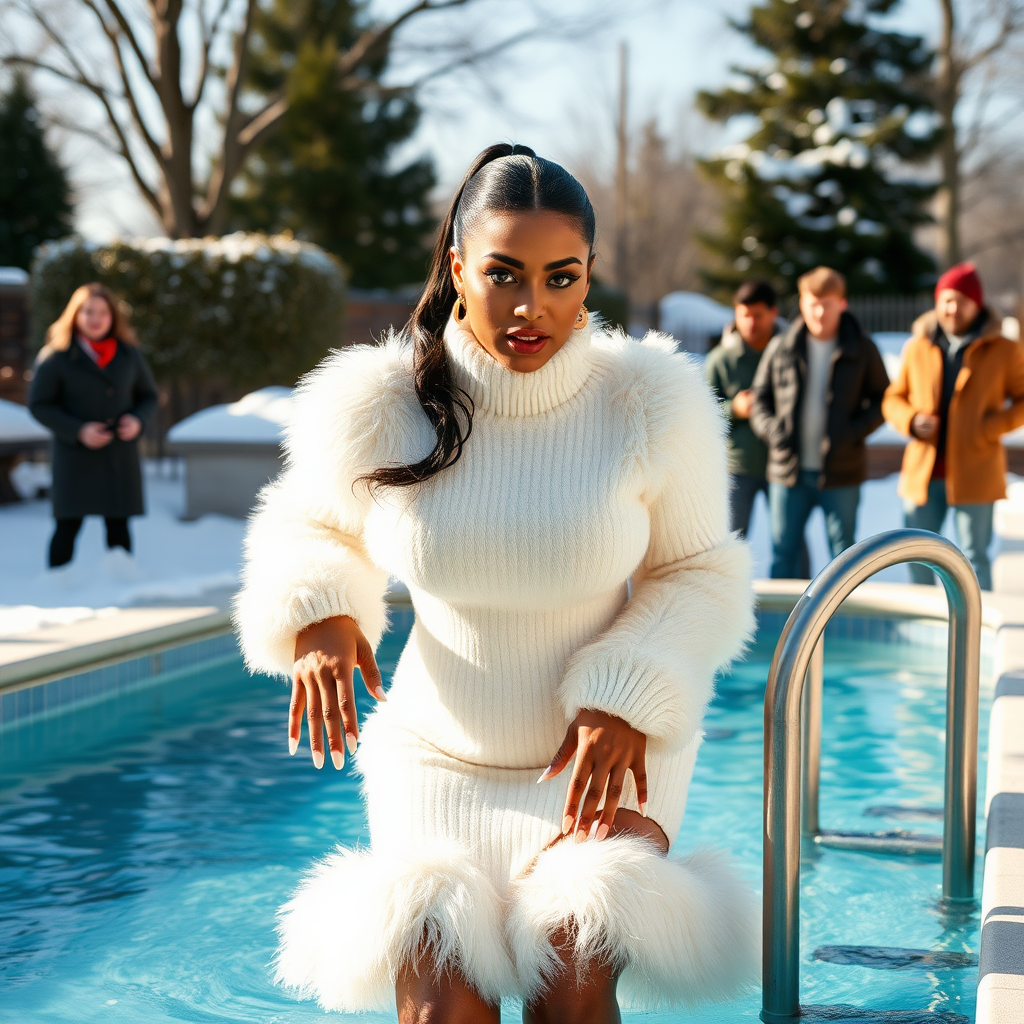 Sunny winter day, Boston College “white boys” fraternity garden party, rooky prank: Ava: 21 years mulatto supermodel actress in style of Lana Kane, curvy womanly figured, black slicked ponytail Hollywood blue movie hairstyle, flawless heavily made-up face, sharp arched tattooed eyebrows, long French nails, feminine very fluffy very fuzzy bright white angora tight figure-hugging sweaterdress with oversized turtleneck and tight thick hemline, gold earrings, surprised saying “oooohhhh!”, climbing ladder out of swimming pool, clothes totally soaked by pool water. Rude Fraternity boys, wearing warm winter clothes, standing around pool laughing.