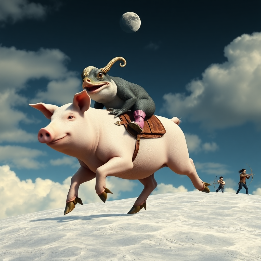 photorealistic pig with a wooden saddle galloping in the cloudy sky above the moon surface, the pig is mounted by a toad with spiral sheep horns and a crown made of peacock feathers, the toad has it mouth open and shows canine teeth, the pig smiles stupidly, the toad wears pink riding boots with spurs that pierce the pig's skin, the pig has eagle claws instead of hoofs, in the distance there are small humans with bows and arrows aiming at the pig, the humans wear modern fashionable clothes.