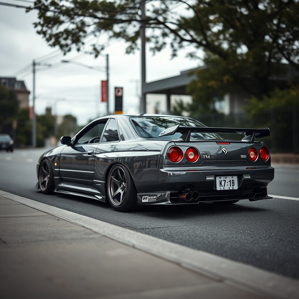 The car is parked on the side of the road, inspired by Taiyō Matsumoto, tumblr, restomod, nd4, c4 metallic shine nissan skyline r34 kalabalik tokyo gece arkaplan