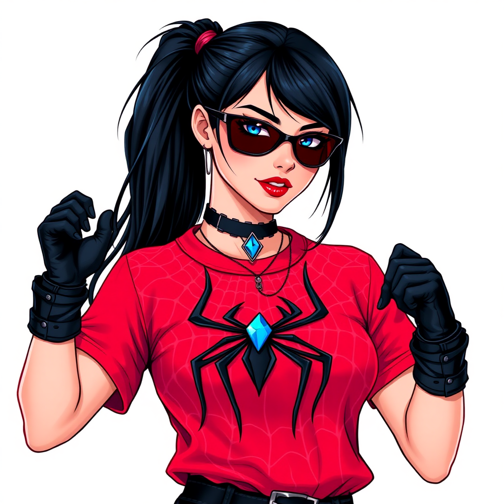 A 26-year-old mystical corporate hero hunter with a sleek black ponytail, bold red lipstick, striking blue eyes, dressed in a vibrant red t-shirt adorned with intricate neon red web patterns, equipped with black biker gloves, and wearing black-lensed shades and a mystical friedelite gemstone spider amulet, posing flirtatiously against a solid white background. She is drawn as if she was in a retro 2D cyberpunk fighting game. Ensure that the spider amulet is distinct from Marvel's Spider-Man and any other character.