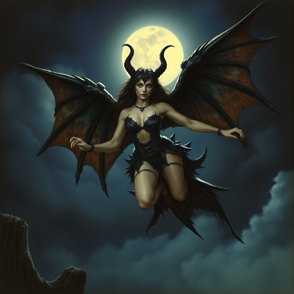 A beautiful winged succubus staring wickedly her outfit is designed to entice. She's flying high in a dark, moonlit sky. The scene is dark and spooky with the art styling of Brian Froud. Cosplayed by a young Drew Barrymore.