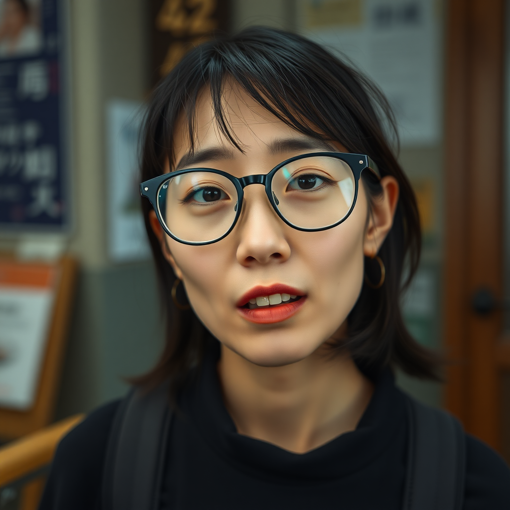 real casual photo, japanese nerdy skinny adult woman with big nose, big mouth, big yellowish teeth, moles, big eyeglasses and medium hair, serious expression