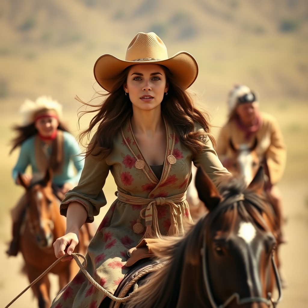 middle-aged woman, brown hair, slim, small, riding a horse, wearing cowboy hat, and a flower-pattern dress, chased by Indians.