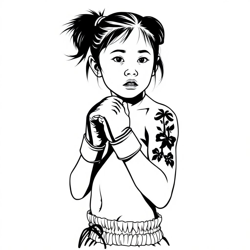 Create a minimalist, monochromatic design of a young female muay thai fighter aged about 11 shown full height in the style of Sak Yant tattoo art.