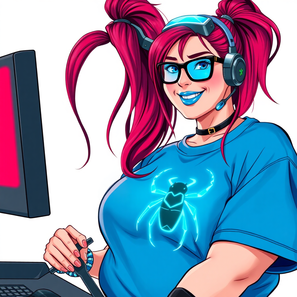 A cyberpunk vigilante’s full-figured intelligent and tech-savvy 29-year-old girlfriend, who is a computer hacker and tech genius. She has a long ruby red ponytail streaked with sky blue. She wears maximum blue lipstick, blue eyes, a sapphire beetle gemstone necklace, sapphire earrings, black eyeglasses, futuristic holographic computer bracelets, and an oversized maximum blue t-shirt featuring a neon blue glowing beetle chest icon. She has a full-figured physique with a prominent, round, gargantuan midsection, reflecting her well-cared-for lifestyle. She sports a sapphire headset with a hi-tech maximum turquoise lensed HUD, and a blissful smile with a neon red blush. She serves as his tech expert from his hideout, diligently working at her lab table and computer desk. She holds a futuristic wrench. The background is solid white. She is drawn as if she was in a retro 2D cyberpunk fighting game.