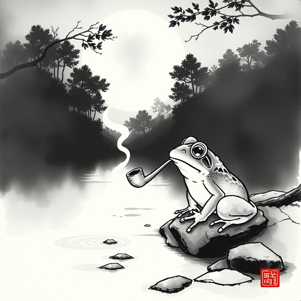 japanese zen painting of a frog smoking a pipe by lakeside, black and white, ink, atmospheric