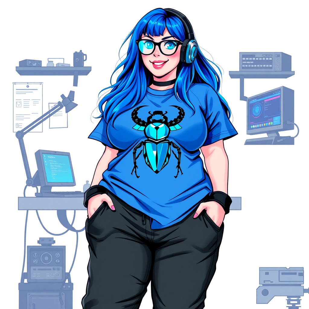 A cyberpunk vigilante's 28-year-old computer science major nerdy, full figured, heavily pampered computer hacker and tech-wiz girlfriend with long, maximum blue hair. She wears maximum blue lipstick and has bright blue eyes. Her outfit includes an oversized, maximum blue t-shirt (accentuating her gargantuan midsection) featuring a maximum blue gemstone beetle chest emblem. She sports black eyeglasses, black sweatpants, a sapphire headset with a maximum blue lensed HUD, with a beaming smile and neon red blush. Her full figure reflects the doting care of her vigilante boyfriend. As her boyfriend's tech-wiz, she primarily works in his hideout, operating from her workbench and her computer desk. The background is solid white. She has a prominent, round, gargantuan midsection. She is drawn as if she was in a retro 2D cyberpunk fighting game.