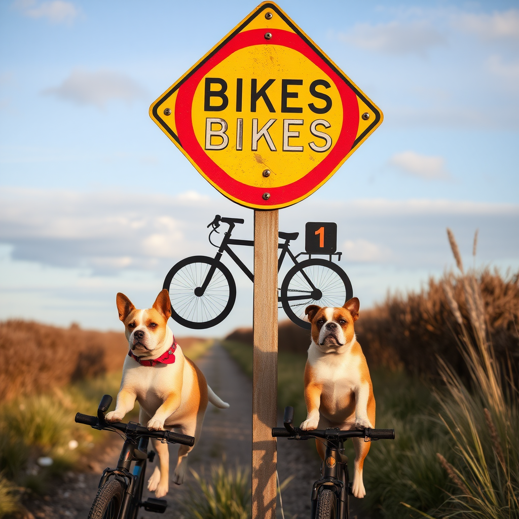 dogs cats on bikes road sign