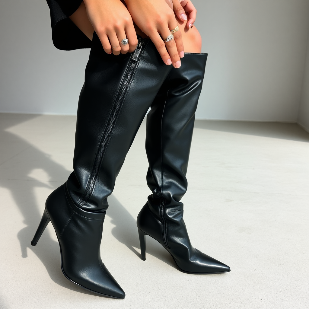 The image is a high-resolution photograph capturing a close-up view of a person's lower body, specifically their legs and midsection. The individual is wearing a pair of black, high-heeled, knee-high leather boots that are sleek and shiny, suggesting a smooth texture. The boots have pointed toes and are fastened with a zipper that runs along the back of the leg. The person's skin tone is light, and they are wearing a black top that is partially visible, hinting at a casual or trendy outfit. The person's hands are visible, with the left hand holding the zipper of the boot, and the right hand resting on the thigh, showcasing several rings on the fingers. The rings are predominantly silver with various designs, including a large, ornate ring on the middle finger of the right hand. The background is a minimalist, modern setting with a light gray concrete floor and a plain, light gray wall, emphasizing the subject. The lighting is natural, likely from a nearby window, casting soft shadows and highlighting the contours of the boots and the person's skin. The overall mood of the image is modern and chic, with a focus on fashion and personal style.