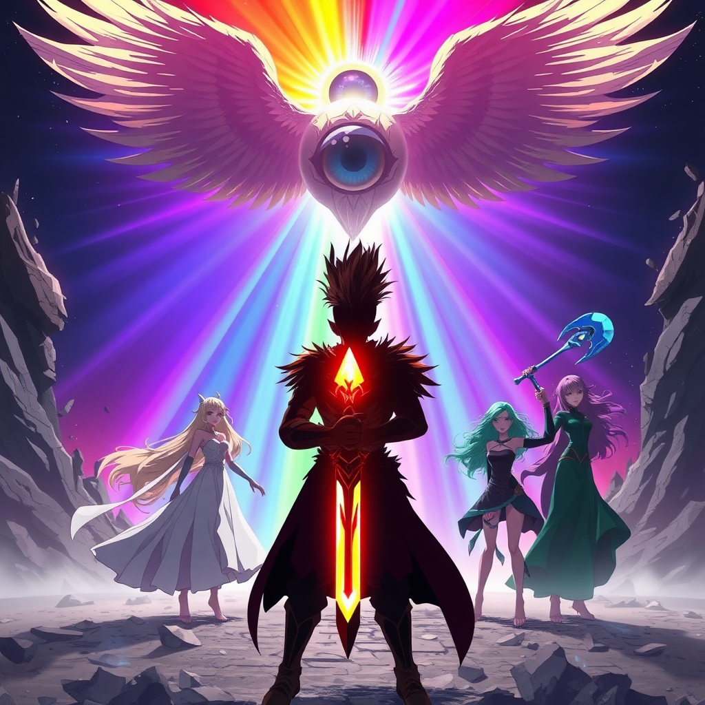 (Anime Styled Art) Set against the void of a shattered world, a radiant, prismatic barrier pulses with vibrant colors, cutting through the darkness like a beacon of defiance. In the center of this surreal battlefield, a colossal figure hovers—both divine and terrifying. Its form is angelic yet grotesque, crowned by a singular, malevolent eye that radiates an aura of dread, its four ethereal wings spread wide as if to dominate the very sky. The eye's gaze, piercing and all-knowing, locks onto the warriors below, a challenge in the air.

In the foreground, the silhouetted figure of a lone warrior stands tall, his dark brown fohawk rippling in the stillness, his stance unshaken. In his hand burns a flaming sword, ablaze in shifting hues of rainbow light, as if forged from the very essence of the barrier itself. Behind him, three allies stand ready—each a force of nature in their own right. To his left, a mage draped in flowing white robes, her long blonde hair cascading like sunlight, magic crackling at her fingertips. To his right, a fierce warrior with violet hair, her blue axe gleaming with an unholy power, its sheer size a testament to her strength. Completing the group is a striking woman, her green hair flowing like a river, cloaked in deep emerald robes, exuding an aura of serenity and lethal precision.

Together, they face the overwhelming entity, their resolve unwavering as they prepare for the battle that will decide the fate of this ruined world.