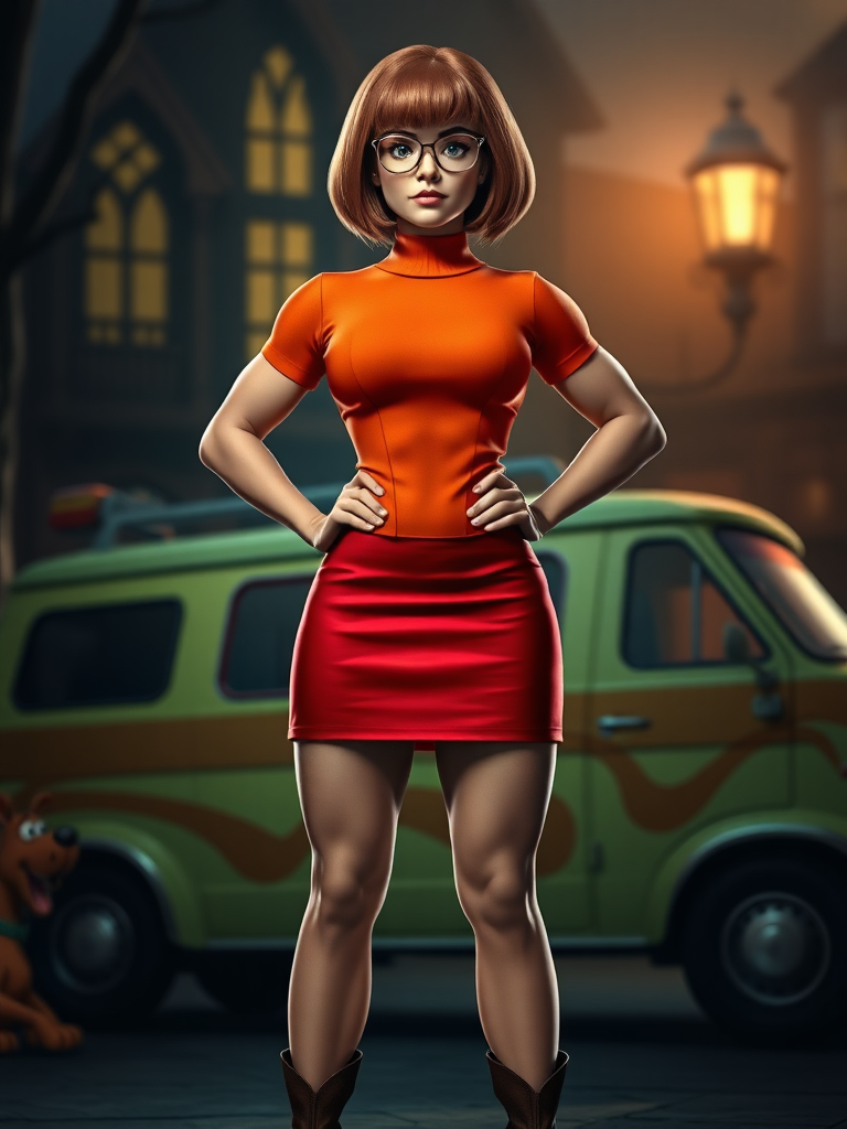 **Generate a realistic, full-length portrait of Velma Dinkley with the inverted triangle body of a male bodybuilder. Keep her signature head, hairstyle, and facial features. Modify her outfit to fit her new muscular physique. Use elements from the Scooby-Doo universe for the background.**

**Image details:**

* **Style:** Photorealistic
* **Pose:** Standing
* **Expression:** Confident, slightly smug
* **Lighting:** Dramatic, highlighting her muscles
* **Background:** Inspired by Scooby-Doo (Mystery Machine, spooky mansion, etc.)

**Character details:**

* **Head:** Velma Dinkley's head, including her signature glasses, hairstyle, and facial features
* **Body:** Inverted triangle body of a male bodybuilder, with well-defined muscles
* **Outfit:** Modified version of Velma's classic orange turtleneck and red skirt to fit her muscular build