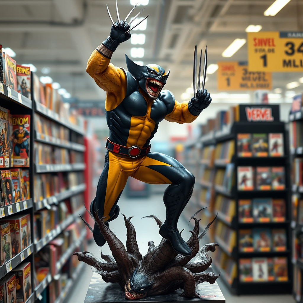 Jumping out of a Comic book cover on a store shelf is Wolverine impaling Venom up in the air over his head in Cinematic Real3D photo-realistic quality.