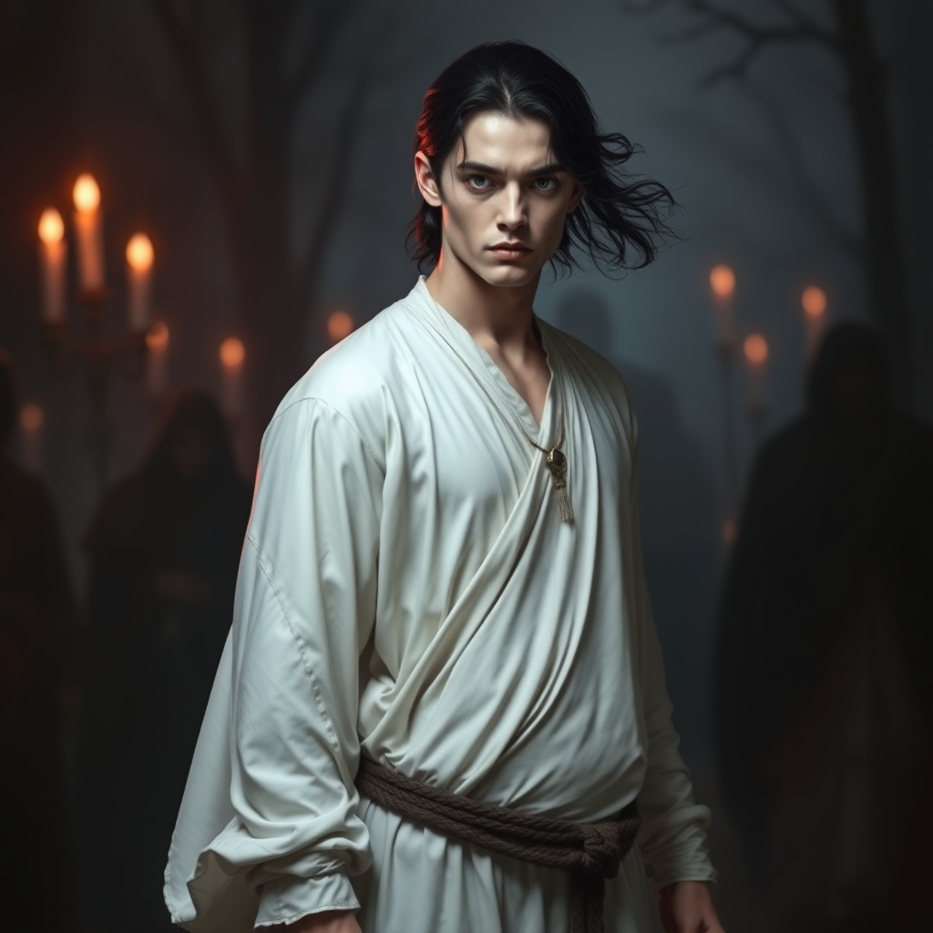 In the world of Vampire the Dark Ages, a man with very pale skin, extremely beautiful, dressed in a long white tunic.