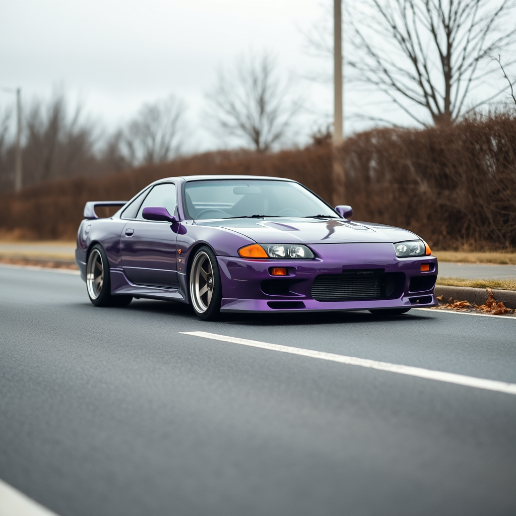 camelonn purple nissan silvia s14 the car is parked on the side of the road, inspired by Taiyō Matsumoto, tumblr, restomod, nd4, c4 cold colors